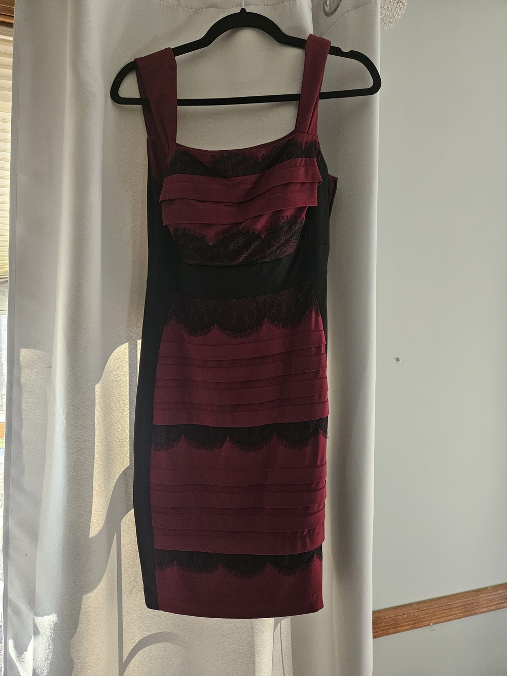 Jax Burgundy and Black Lace-Trim Midi Sheath Dress